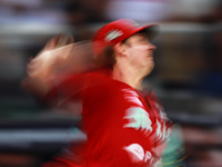 Trevor Bauer #96 of Diablos Rojos pitches the ball during the 2024 King Series match 3 against Sultanes de Monterrey of the Mexican Baseball...