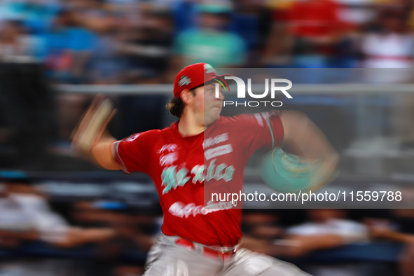 Trevor Bauer #96 of Diablos Rojos pitches the ball during the 2024 King Series match 3 against Sultanes de Monterrey of the Mexican Baseball...