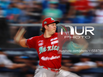 Trevor Bauer #96 of Diablos Rojos pitches the ball during the 2024 King Series match 3 against Sultanes de Monterrey of the Mexican Baseball...