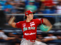 Trevor Bauer #96 of Diablos Rojos pitches the ball during the 2024 King Series match 3 against Sultanes de Monterrey of the Mexican Baseball...