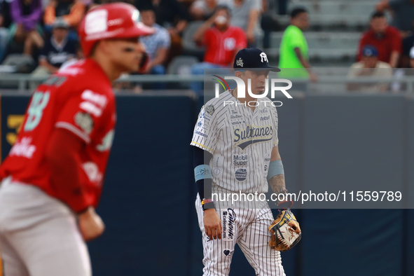 Second baseman Ramiro Pena #19 of Sultanes de Monterrey during the 2024 King Series match 3 against Diablos Rojos of the Mexican Baseball Le...