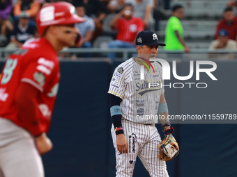 Second baseman Ramiro Pena #19 of Sultanes de Monterrey during the 2024 King Series match 3 against Diablos Rojos of the Mexican Baseball Le...