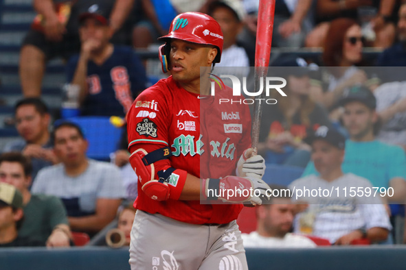 Robinson Cano #22 of Diablos Rojos is at bat during the 2024 King Series match 3 against Sultanes de Monterrey of the Mexican Baseball Leagu...