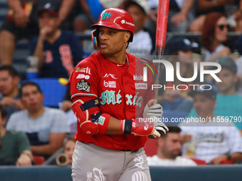 Robinson Cano #22 of Diablos Rojos is at bat during the 2024 King Series match 3 against Sultanes de Monterrey of the Mexican Baseball Leagu...