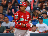 Robinson Cano #22 of Diablos Rojos is at bat during the 2024 King Series match 3 against Sultanes de Monterrey of the Mexican Baseball Leagu...