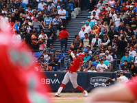 Julian Ornelas #31 of Diablos Rojos bats during the 2024 King Series match 3 against Sultanes de Monterrey of the Mexican Baseball League (L...