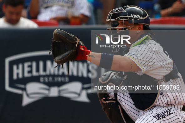 Jonathan Morales, #27 catcher of Sultanes de Monterrey, during the 2024 King Series match 3 against Diablos Rojos of the Mexican Baseball Le...