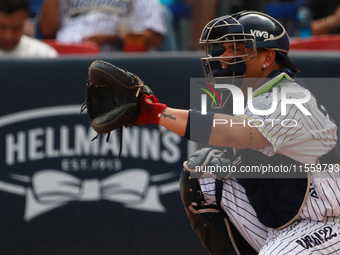 Jonathan Morales, #27 catcher of Sultanes de Monterrey, during the 2024 King Series match 3 against Diablos Rojos of the Mexican Baseball Le...