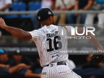 Stephen Tarpley #16 of Sultanes de Monterrey pitches the ball during the 2024 King Series match 3 against Diablos Rojos of the Mexican Baseb...