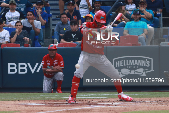 Robinson Cano #22 of Diablos Rojos is at bat during the 2024 King Series match 3 against Sultanes de Monterrey of the Mexican Baseball Leagu...