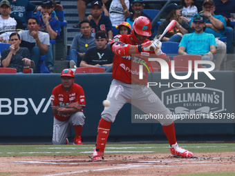 Robinson Cano #22 of Diablos Rojos is at bat during the 2024 King Series match 3 against Sultanes de Monterrey of the Mexican Baseball Leagu...