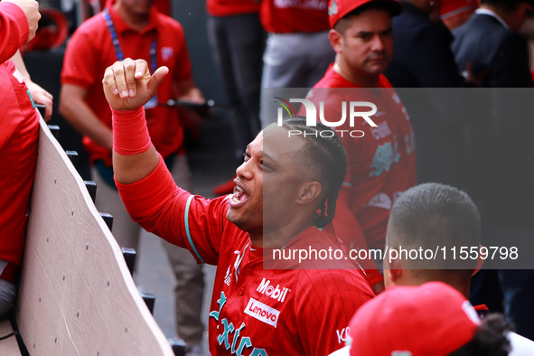 Robinson Cano #22 of Diablos Rojos is at the dugout during the 2024 King Series match 3 against Sultanes de Monterrey of the Mexican Basebal...