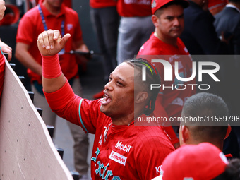 Robinson Cano #22 of Diablos Rojos is at the dugout during the 2024 King Series match 3 against Sultanes de Monterrey of the Mexican Basebal...