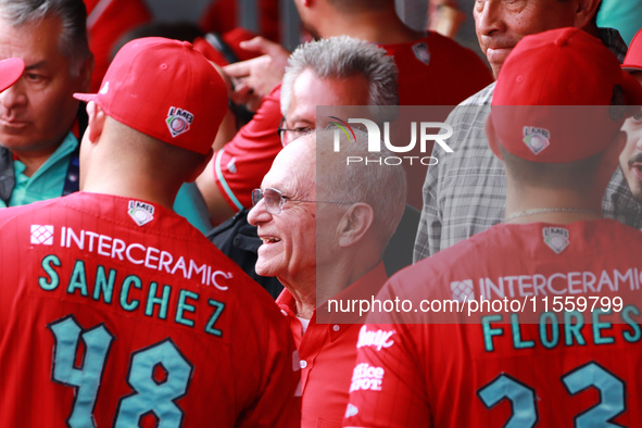 Alfredo Harp Helu, president of Diablos Rojos, stands at the dugout before the 2024 King Series match 3 against Sultanes de Monterrey of the...