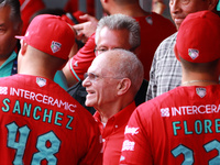 Alfredo Harp Helu, president of Diablos Rojos, stands at the dugout before the 2024 King Series match 3 against Sultanes de Monterrey of the...