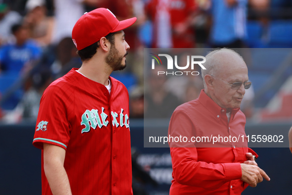 Alfredo Harp Helu, president, and Santiago Harp, vice president of Diablos Rojos, before the 2024 King Series match 3 against Sultanes de Mo...