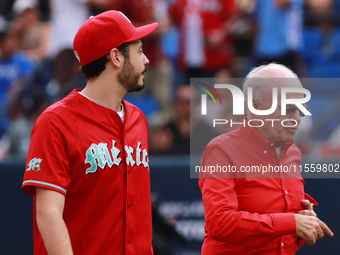 Alfredo Harp Helu, president, and Santiago Harp, vice president of Diablos Rojos, before the 2024 King Series match 3 against Sultanes de Mo...