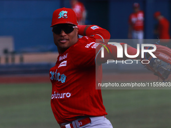 Robinson Cano #22 of Diablos Rojos practices before the 2024 King Series match 3 against Sultanes de Monterrey of the Mexican Baseball Leagu...