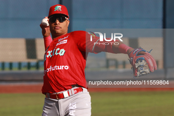 Robinson Cano #22 of Diablos Rojos practices before the 2024 King Series match 3 against Sultanes de Monterrey of the Mexican Baseball Leagu...