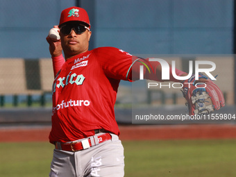 Robinson Cano #22 of Diablos Rojos practices before the 2024 King Series match 3 against Sultanes de Monterrey of the Mexican Baseball Leagu...