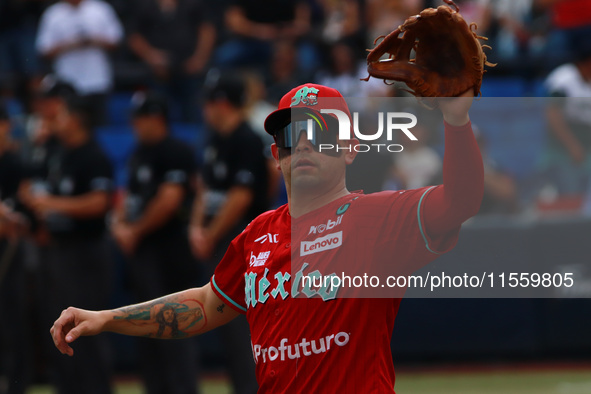 Juan Carlos Gamboa #47 of Diablos Rojos practices before the 2024 King Series match 3 against Sultanes de Monterrey of the Mexican Baseball...