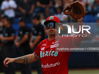 Juan Carlos Gamboa #47 of Diablos Rojos practices before the 2024 King Series match 3 against Sultanes de Monterrey of the Mexican Baseball...