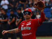 Juan Carlos Gamboa #47 of Diablos Rojos practices before the 2024 King Series match 3 against Sultanes de Monterrey of the Mexican Baseball...