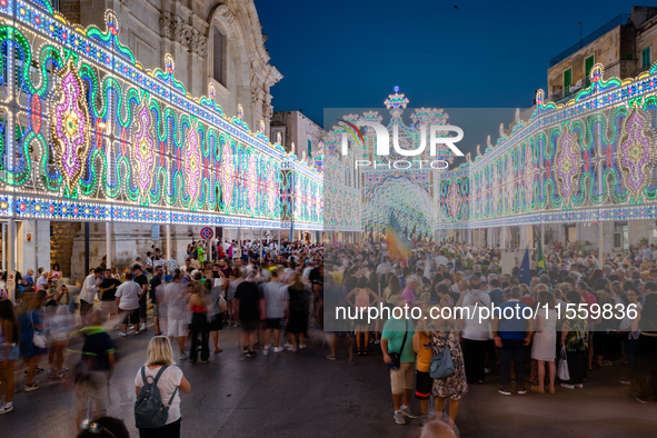 Illuminations in Via Dante on the occasion of the patronal feast day in Molfetta, Italy, on September 8, 2024. September 8 in Molfetta is th...