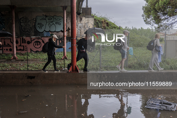 Flooded streets in Pisa, Italy, on September 8, 2024. A severe thunderstorm hits Tuscany, causing flooding and inconvenience to the populati...