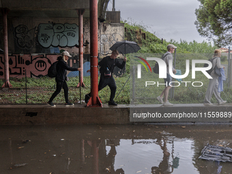 Flooded streets in Pisa, Italy, on September 8, 2024. A severe thunderstorm hits Tuscany, causing flooding and inconvenience to the populati...