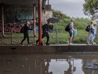 Flooded streets in Pisa, Italy, on September 8, 2024. A severe thunderstorm hits Tuscany, causing flooding and inconvenience to the populati...