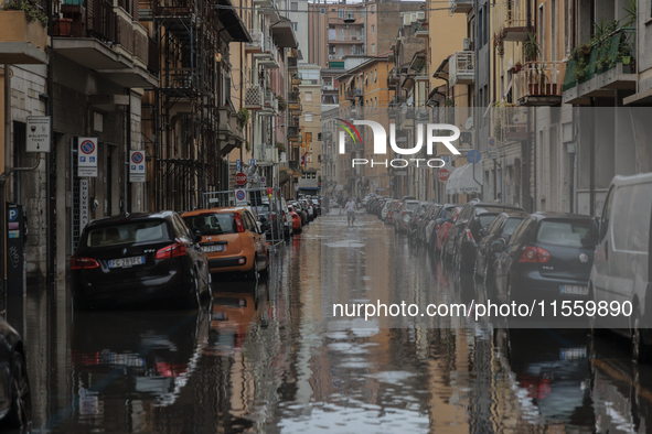 Flooded streets in Pisa, Italy, on September 8, 2024. A severe thunderstorm hits Tuscany, causing flooding and inconvenience to the populati...