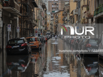 Flooded streets in Pisa, Italy, on September 8, 2024. A severe thunderstorm hits Tuscany, causing flooding and inconvenience to the populati...