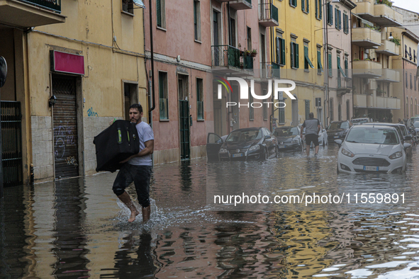 Flooded streets in Pisa, Italy, on September 8, 2024. A severe thunderstorm hits Tuscany, causing flooding and inconvenience to the populati...