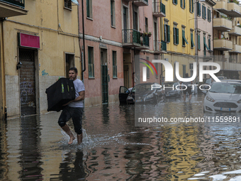 Flooded streets in Pisa, Italy, on September 8, 2024. A severe thunderstorm hits Tuscany, causing flooding and inconvenience to the populati...