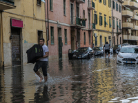 Flooded streets in Pisa, Italy, on September 8, 2024. A severe thunderstorm hits Tuscany, causing flooding and inconvenience to the populati...