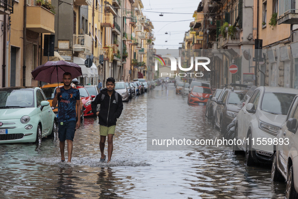 Flooded streets in Pisa, Italy, on September 8, 2024. A severe thunderstorm hits Tuscany, causing flooding and inconvenience to the populati...