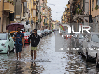 Flooded streets in Pisa, Italy, on September 8, 2024. A severe thunderstorm hits Tuscany, causing flooding and inconvenience to the populati...