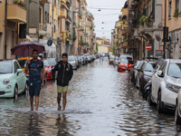 Flooded streets in Pisa, Italy, on September 8, 2024. A severe thunderstorm hits Tuscany, causing flooding and inconvenience to the populati...