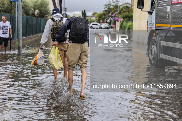 Flooded streets in Pisa, Italy, on September 8, 2024. A severe thunderstorm hits Tuscany, causing flooding and inconvenience to the populati...