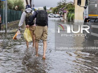 Flooded streets in Pisa, Italy, on September 8, 2024. A severe thunderstorm hits Tuscany, causing flooding and inconvenience to the populati...