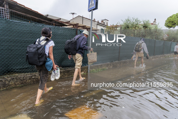 Flooded streets in Pisa, Italy, on September 8, 2024. A severe thunderstorm hits Tuscany, causing flooding and inconvenience to the populati...