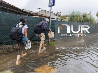 Flooded streets in Pisa, Italy, on September 8, 2024. A severe thunderstorm hits Tuscany, causing flooding and inconvenience to the populati...