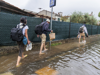 Flooded streets in Pisa, Italy, on September 8, 2024. A severe thunderstorm hits Tuscany, causing flooding and inconvenience to the populati...