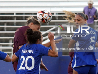 Hailey Davidson #11 of Dallas Trinity FC heads the ball during the USL Super League match between Dallas Trinity FC and DC Power FC at the C...