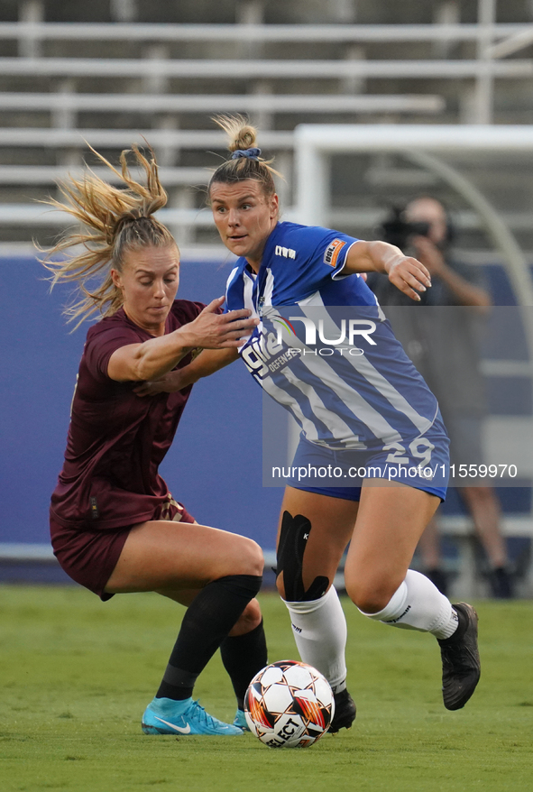 Madison Wolfbauer #29 of DC Power FC and Allie Thornton #20 of Dallas Trinity FC battle for the ball during the USL Super League match betwe...