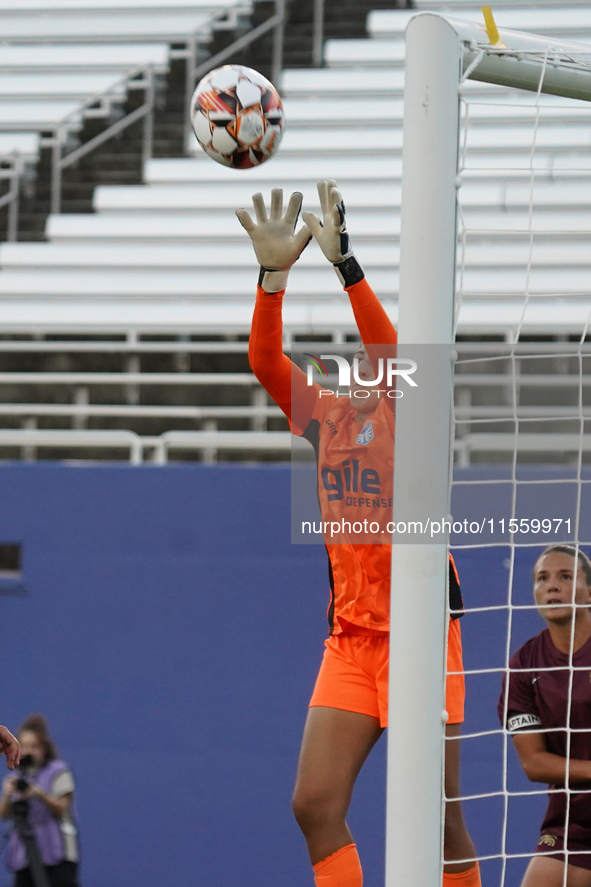 Goalkeeper Morgan Aquino #1 of DC Power FC catches the ball during the USL Super League match between Dallas Trinity FC and DC Power FC at t...