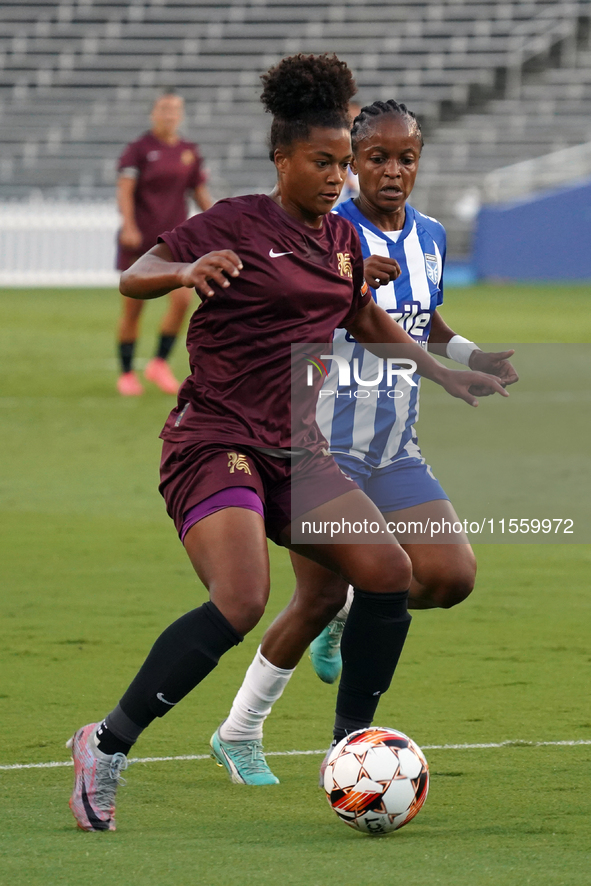 Enzi Broussard #7 of Dallas Trinity FC drives the ball forward during the USL Super League match between Dallas Trinity FC and DC Power FC a...