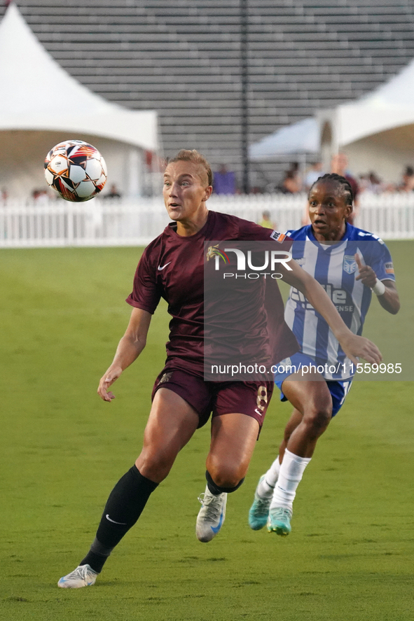 Jenny-Julia Danielsson #8 of Dallas Trinity FC drives the ball forward during the USL Super League match between Dallas Trinity FC and DC Po...