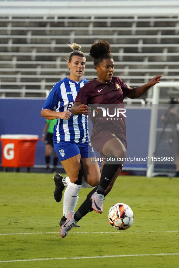 Enzi Broussard #7 of Dallas Trinity FC drives the ball forward during the USL Super League match between Dallas Trinity FC and DC Power FC a...